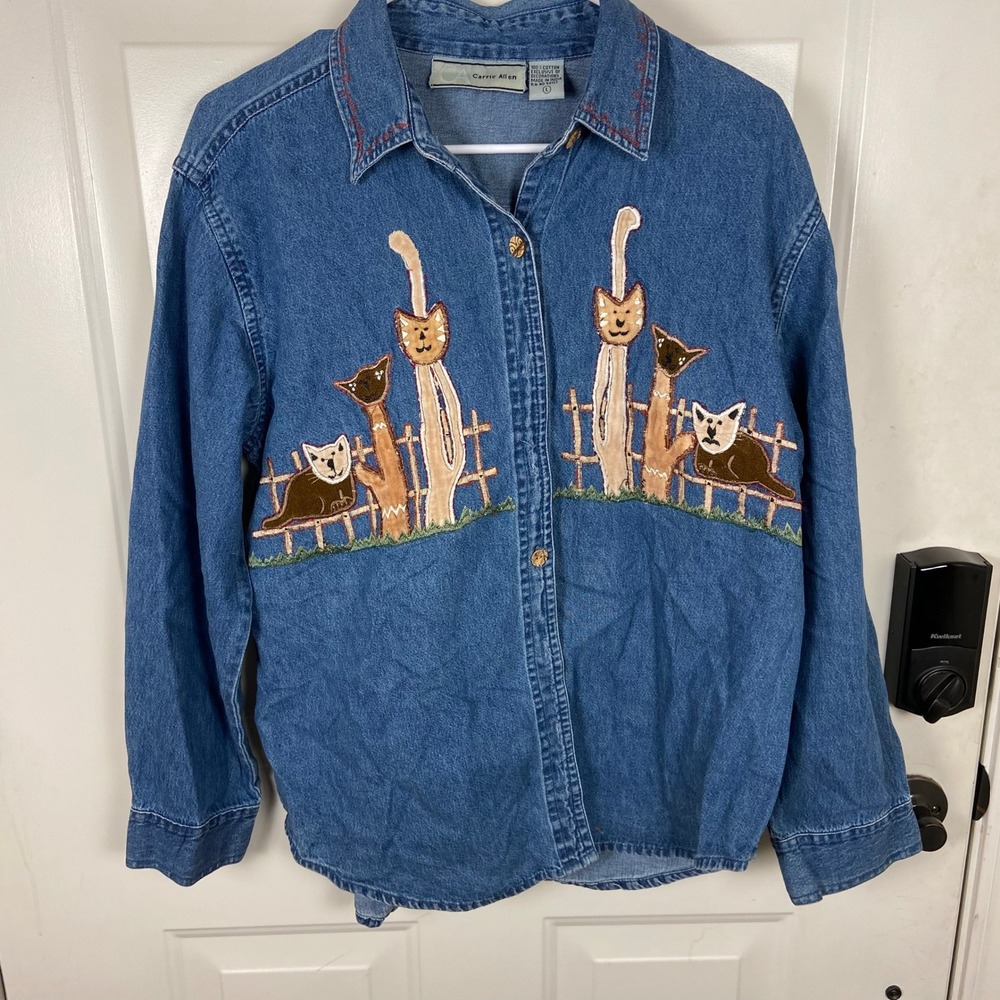 Carrie Allen Denim Shirt Embroidered Cats Button Down Long Sleeve Womens L